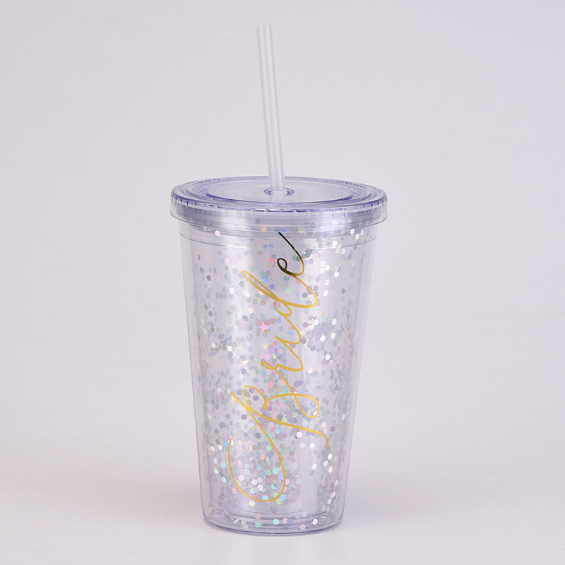 Wholesale  Water Cup 16oz Double Layer Plastic Suction Tube Cup Transparent Simple Sequin Plastic Cup